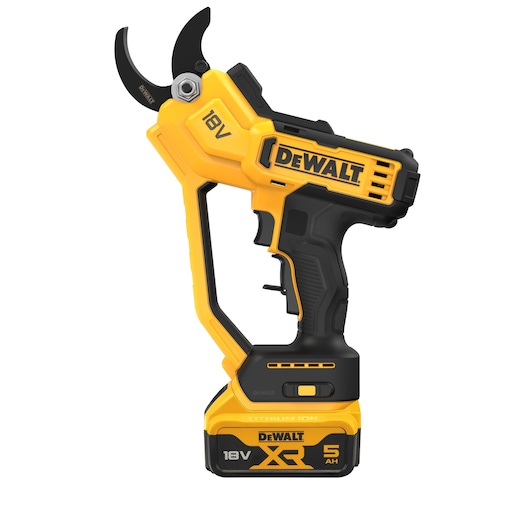 A DEWALT 18V cordless electric pruning shear tool with a yellow and black design, equipped with a lithium ion battery, intended for cutting branches and garden maintenance.