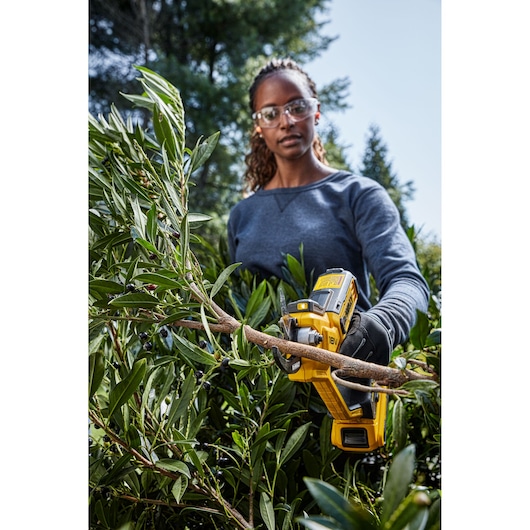 A person using a DEWALT cordless pruning saw (model DCMPP568P1) to cut tree branches outdoors. The person's face is blurred and they are wearing gloves and a long-sleeve shirt.