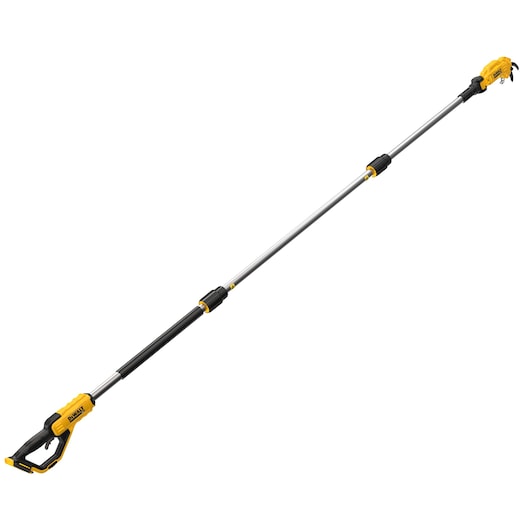 A long, telescopic cordless pole saw with a black and yellow handle and a cutting blade at the end, designed for pruning or trimming branches. The tool is branded DEWALT.