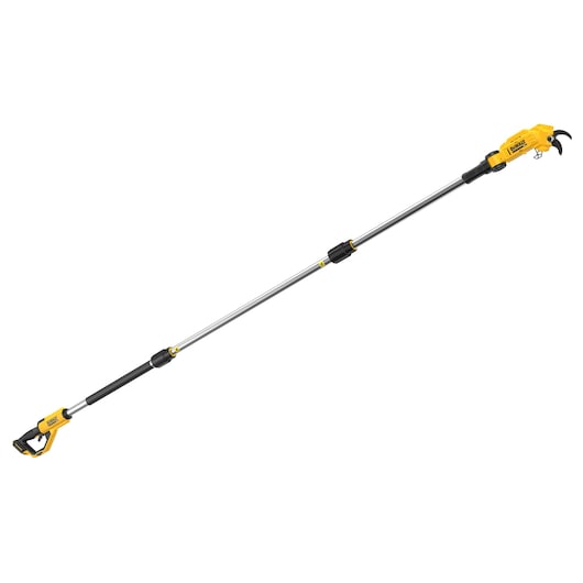 A DEWALT cordless pole pruner with an extendable metal shaft and yellow handle, designed for cutting tree branches at height.