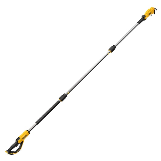 A DEWALT cordless pole saw with a long telescopic handle and yellow and black design, shown isolated on a white background.