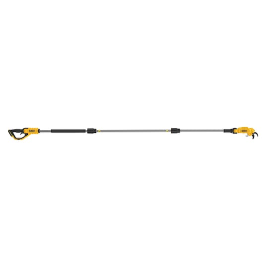 A DEWALT cordless pole saw with a yellow and black handle, long telescopic shaft, and a saw head at the end, displayed on a white background.