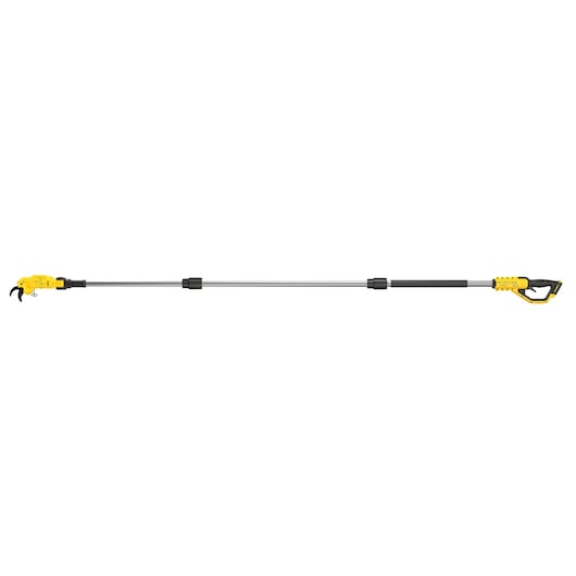 DEWALT cordless pole saw with a telescopic shaft, featuring a yellow and black design, intended for cutting and pruning high branches.