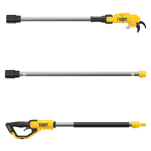 Three components of a DEWALT cordless pole pruner are shown. The top section features cutting blades and the DEWALT logo, the middle section is an extension pole, and the bottom section shows the handle and trigger, also with the DEWALT logo.