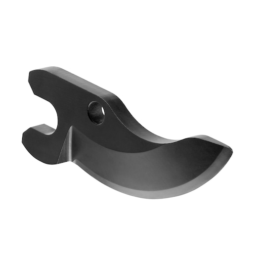 A close-up image of a black metal replacement cutting blade attachment part, designed for use with a DEWALT pruning tool. The blade has a curved, hook-like design and a mounting hole for attachment.