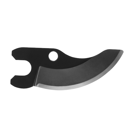 A close-up image of a curved replacement blade for a DEWALT pruner, shown against a white background.