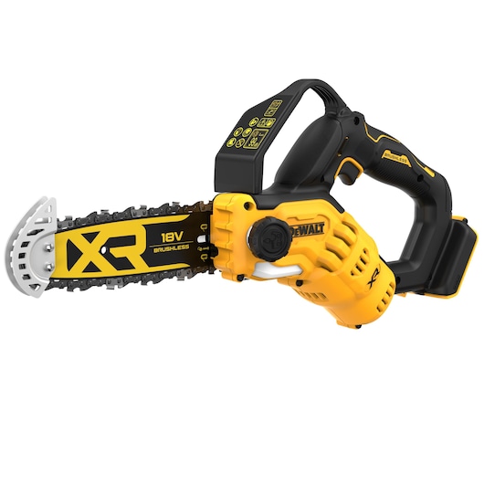 A DEWALT cordless brushless 18V XR chainsaw with a yellow and black design is shown against a white background.