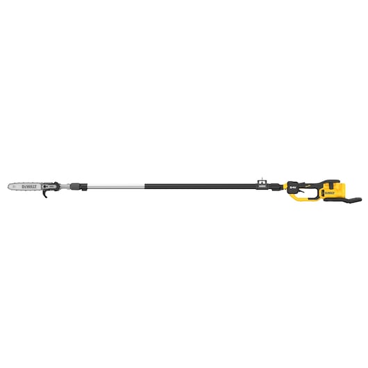 A DEWALT battery-powered pole saw with a yellow and black body and an extended handle for reaching high branches, shown against a white background.