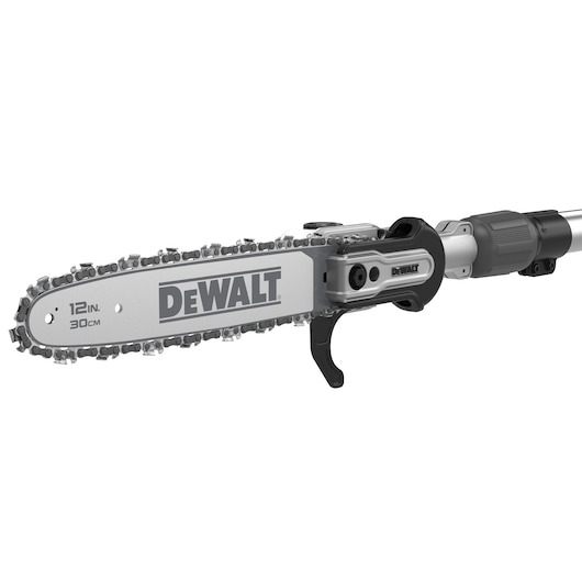 DEWALT pole saw with a 12-inch bar, silver blade and black chain, shown in close-up for product display.