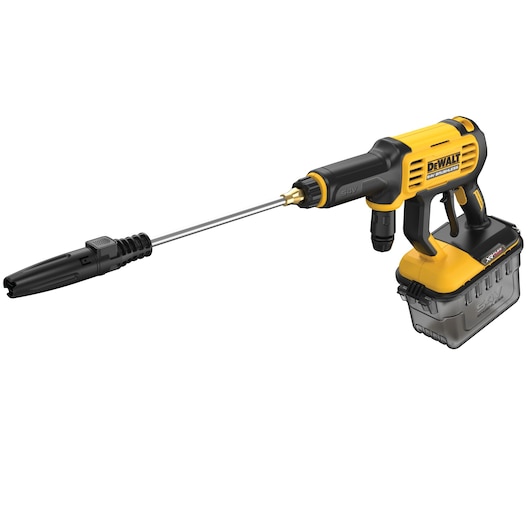 A DEWALT cordless pressure washer with a yellow and black body, a long nozzle, and a transparent water tank attached to the base.