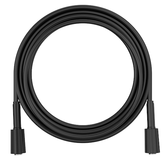 A coiled black hose with threaded connectors on both ends, designed for use with a pressure washer.