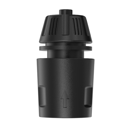 A close-up image of a black plastic nozzle or connector attachment, shown upright with a textured grip and an arrow indicating direction. Compatible with DEWALT equipment.