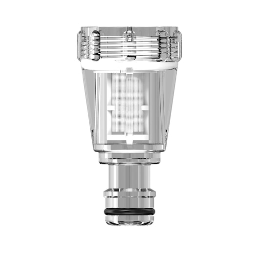 A clear plastic water filter attachment designed for a pressure washer, shown upright against a white background.