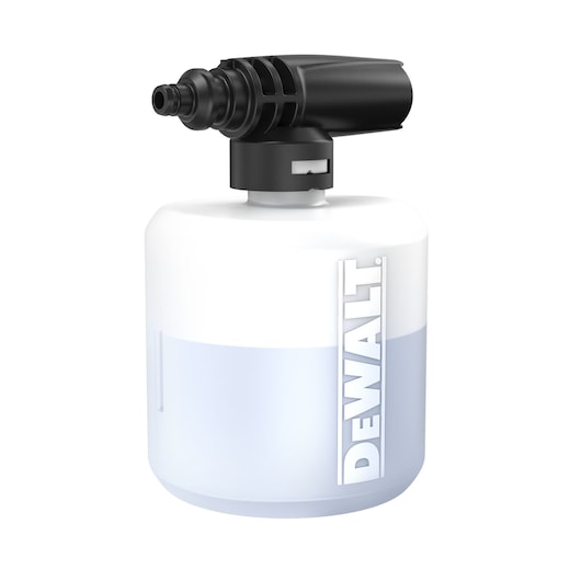 A DEWALT-branded foam sprayer attachment with a black nozzle and a white container, partially filled with liquid.