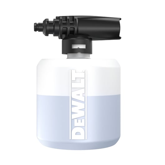 A DEWALT foam cannon attachment for a pressure washer, featuring a large white bottle with a black nozzle on top.
