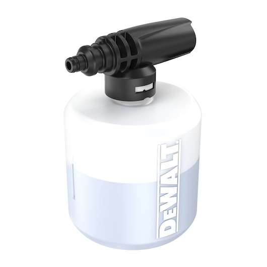 A close-up image of a DEWALT foam cannon attachment, featuring a white plastic bottle with a black nozzle, designed for use with pressure washers.