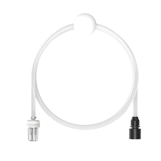 A coiled water hose with a white connector on one end and a black connector on the other, designed for use with DEWALT pressure washers.
