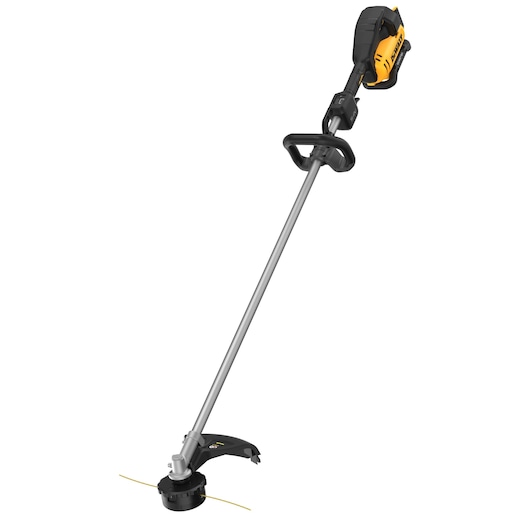 A DEWALT cordless string trimmer with a straight shaft, black and yellow motor housing, and ergonomic handle, displayed against a white background.