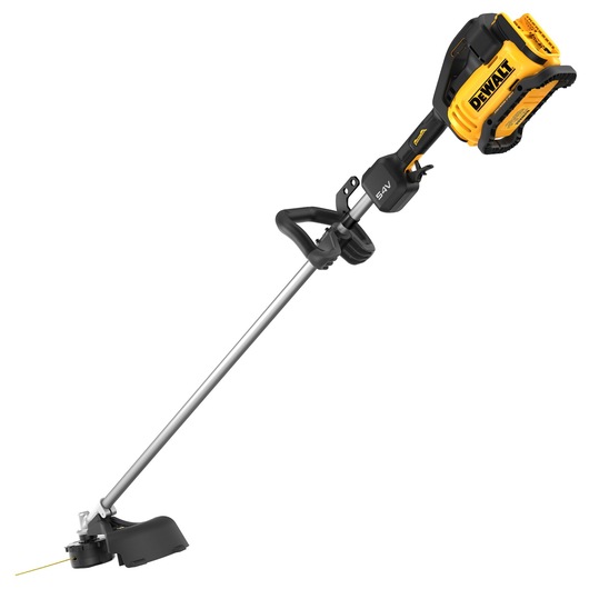 A cordless yellow and black string trimmer with a long metal shaft and ergonomic handles, designed for outdoor grass and weed trimming.