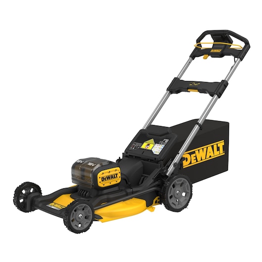 A DEWALT cordless lawn mower with a black and yellow design, featuring a collection box at the rear and sturdy wheels.