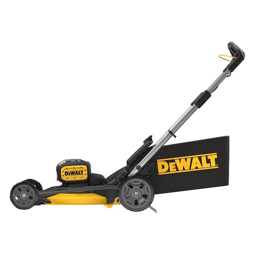 Side view of a DEWALT cordless lawn mower with a grass collection bag attached, featuring a yellow and black design.