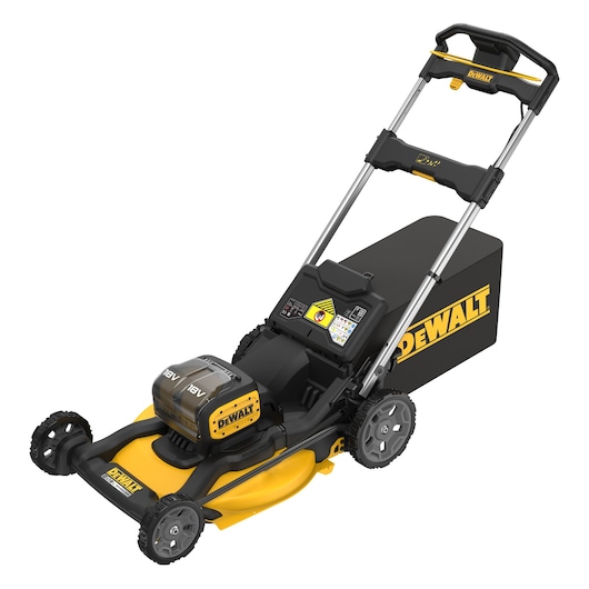 A DEWALT cordless electric lawn mower with a yellow and black design, featuring a large rear grass collection bag, sturdy wheels, and adjustable handle.