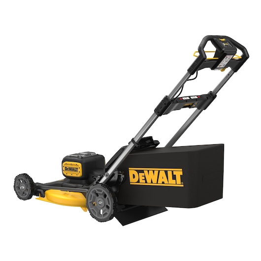 A DEWALT cordless lawn mower with a black and yellow design, large rear grass collection bag, and ergonomic handle.
