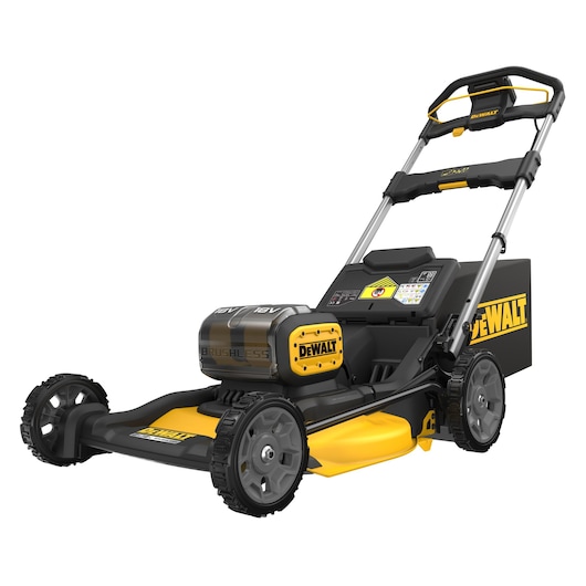 A DEWALT cordless electric lawn mower with large rear wheels, a black and yellow exterior, a brushless motor, and a handlebar with control panel. The grass collection bag at the rear is branded with the DEWALT logo.