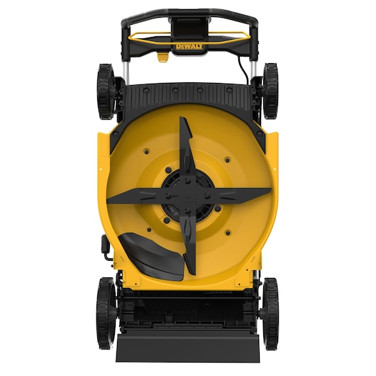 Bottom view of a DEWALT electric lawn mower showing the large cutting blade, yellow and black housing, and four wheels.