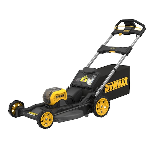 A DEWALT cordless electric lawn mower with a yellow and black design, featuring large rear wheels, a battery compartment on top, a handle for pushing, and a grass collection bag attached at the back.