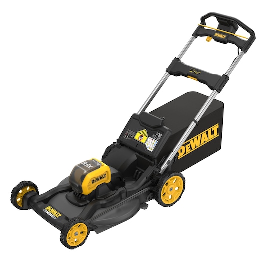 A DEWALT cordless lawn mower with yellow and black design, featuring a grass collection bag and adjustable handle.