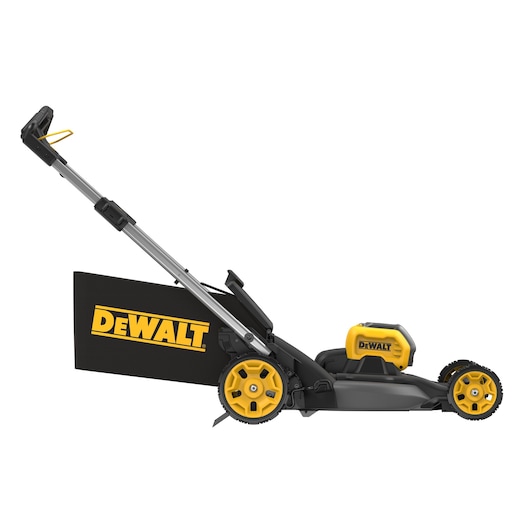 Side view of a DEWALT cordless lawn mower with a yellow and black color scheme, featuring a grass collection bag and adjustable handle.