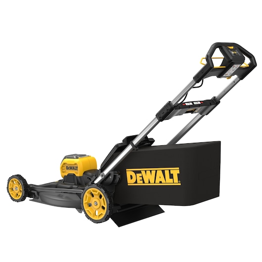 A DEWALT cordless electric lawn mower with a black and yellow design, featuring a battery compartment, handle, and grass collection box, shown on a white background.