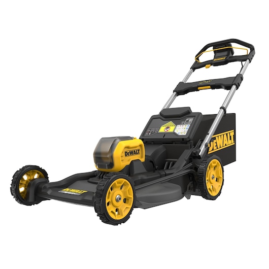 A DEWALT cordless lawn mower with a yellow and black design, featuring a large handle, four wheels, and a battery compartment in the front.