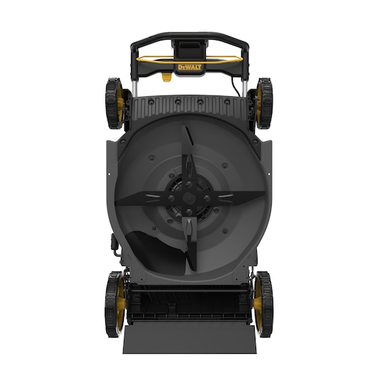 Bottom view of a DEWALT lawn mower showing the rotary blade and wheels.