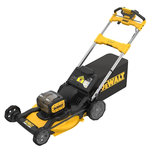 A DEWALT cordless electric lawn mower with a yellow and black design, featuring a battery compartment labeled 18V, a metal handle, and a grass collection box.