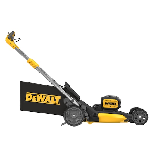 Side view of a DEWALT battery-powered lawn mower featuring a yellow and black design, large rear wheels, a grass collection bag, and an adjustable handle.