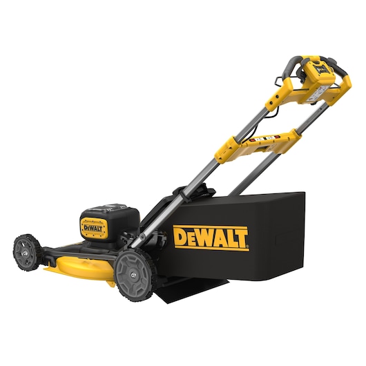 A DEWALT branded cordless electric lawn mower with a black and yellow color scheme. The mower features large wheels, a yellow cutting deck, a black battery compartment, a spacious grass collection bag, and ergonomic handles.