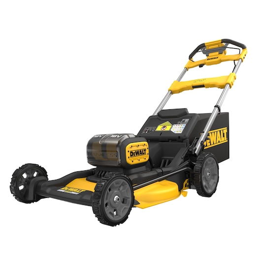 A DEWALT cordless lawn mower with a brushless motor, featuring a yellow and black design, large rear wheels, and ergonomic handles.