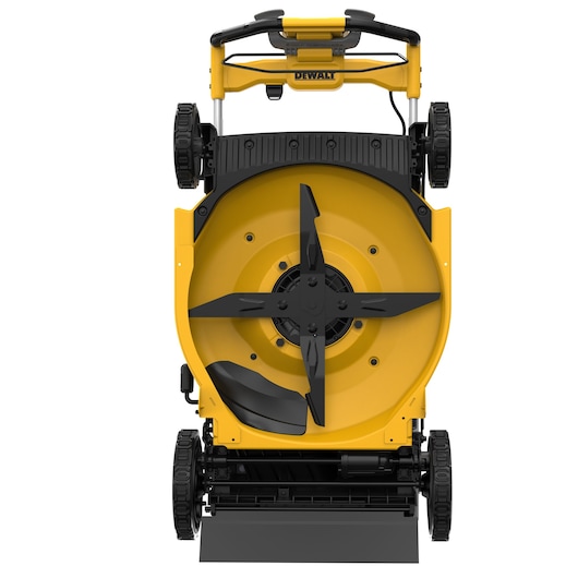 Bottom view of a DEWALT cordless lawn mower, showing the yellow mower housing, black blade, wheels, and undercarriage details.