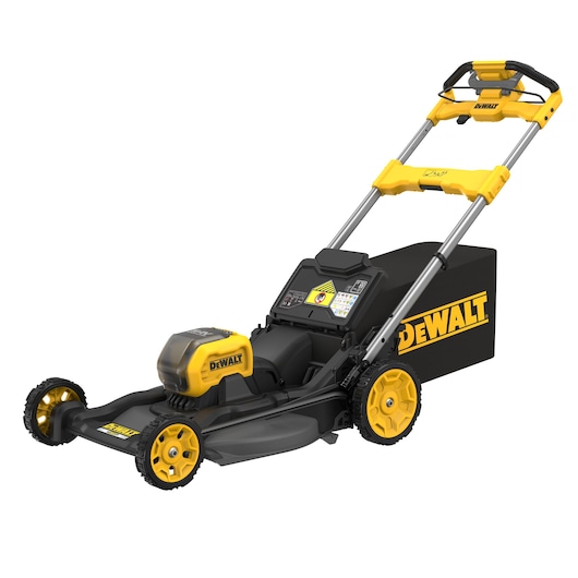 A DEWALT battery-powered lawn mower with yellow and black accents, featuring a grass collection box at the back and an adjustable handle.
