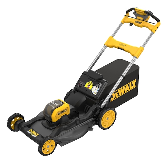 A DEWALT cordless electric lawn mower with a yellow and black design, featuring a handlebar, rear grass collection bag, and four wheels.