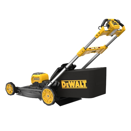 A DEWALT cordless electric lawn mower with yellow and black design, featuring a prominent collection bag and ergonomic handle.