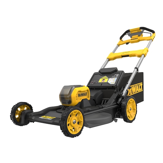 A DEWALT cordless electric lawn mower with a yellow and black design, featuring a sturdy handle, large rear wheels, and a grass collection bag.