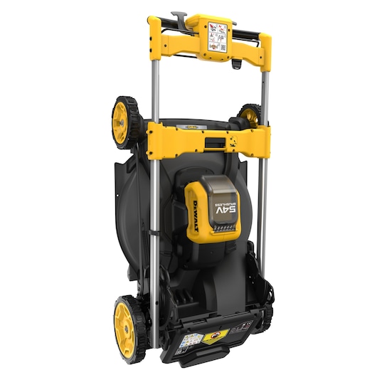 A DEWALT cordless lawn mower (model DCMWSP550) shown in an upright folded position for storage, featuring a yellow and black design with visible handle and wheels.