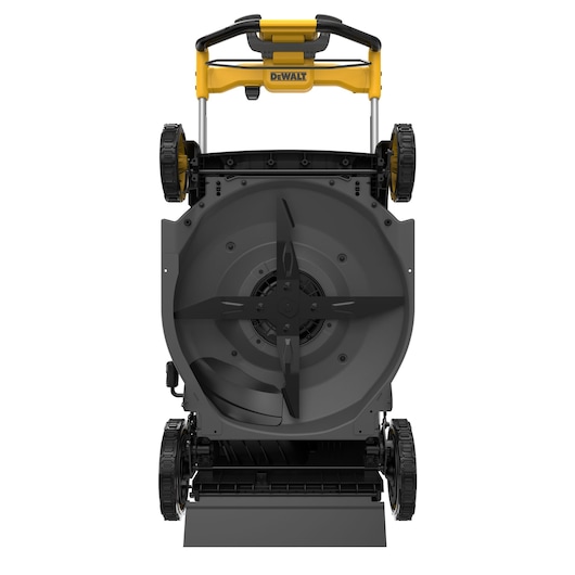 View of the underside of a DEWALT lawn mower showing the cutting blades and wheels, with the handle and yellow DEWALT branding visible at the top.