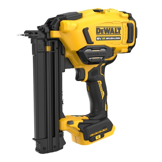 DEWALT 18V XR Brushless nail gun in yellow and black, side view, battery-powered tool.