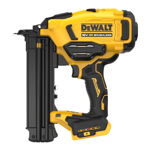 DEWALT 18V XR Brushless nail gun in yellow and black, side view with ergonomic grip and battery slot.