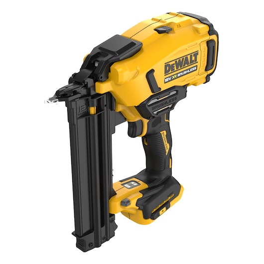 Yellow DEWALT cordless nailer tool with black accents, 18V XR brushless model, angled view.