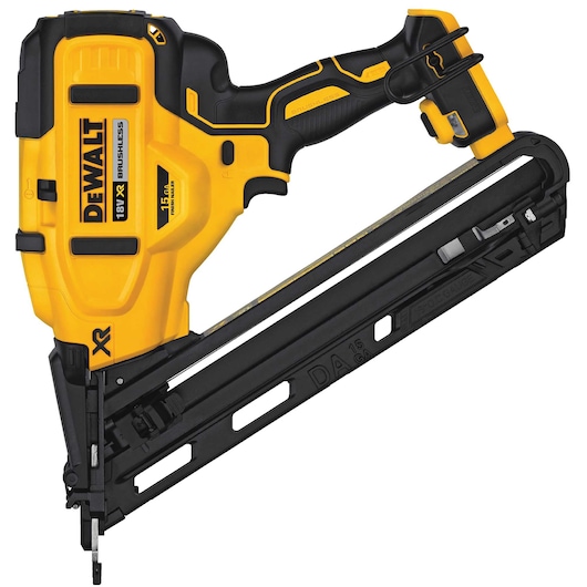 DEWALT 18V XR brushless angled finish nailer, model DCN650N, featuring a yellow and black design with a magazine for nails.